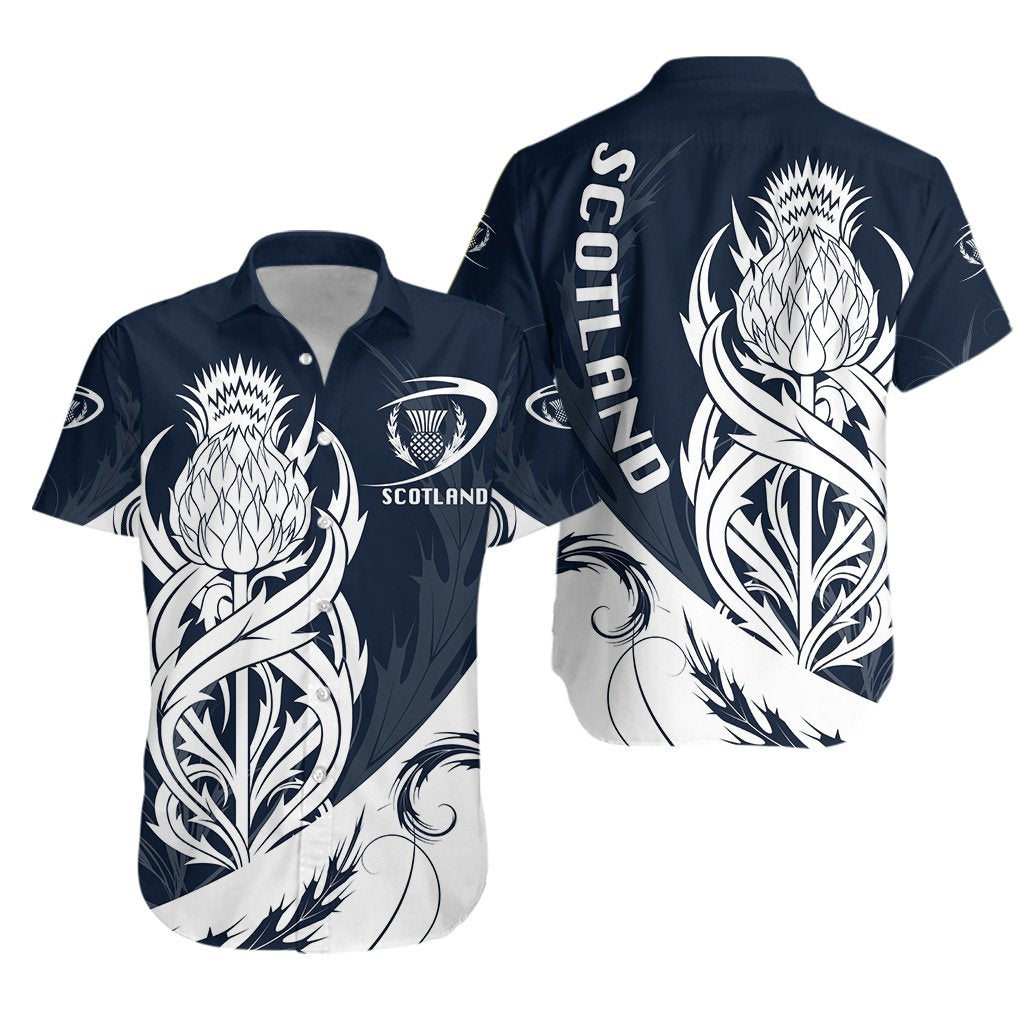 Scottish Rugby Hawaiian Shirt Thistle Vibes - Navy - Vibe Hoodie Shop