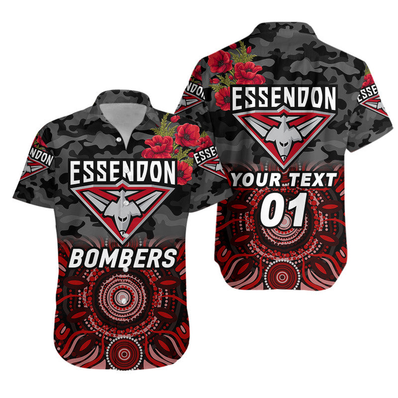 (Custom Personalised) Essendon Bombers ANZAC Hawaiian Shirt Indigenous Vibes - Black - Vibe Hoodie Shop
