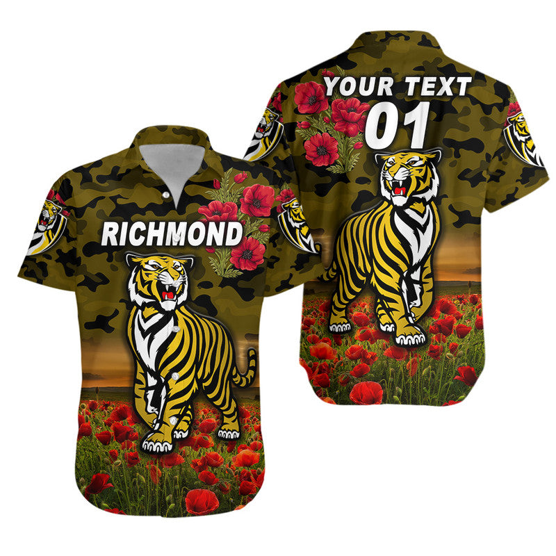(Custom Personalised) Richmond Tigers ANZAC Hawaiian Shirt Poppy Vibes - Black - Vibe Hoodie Shop