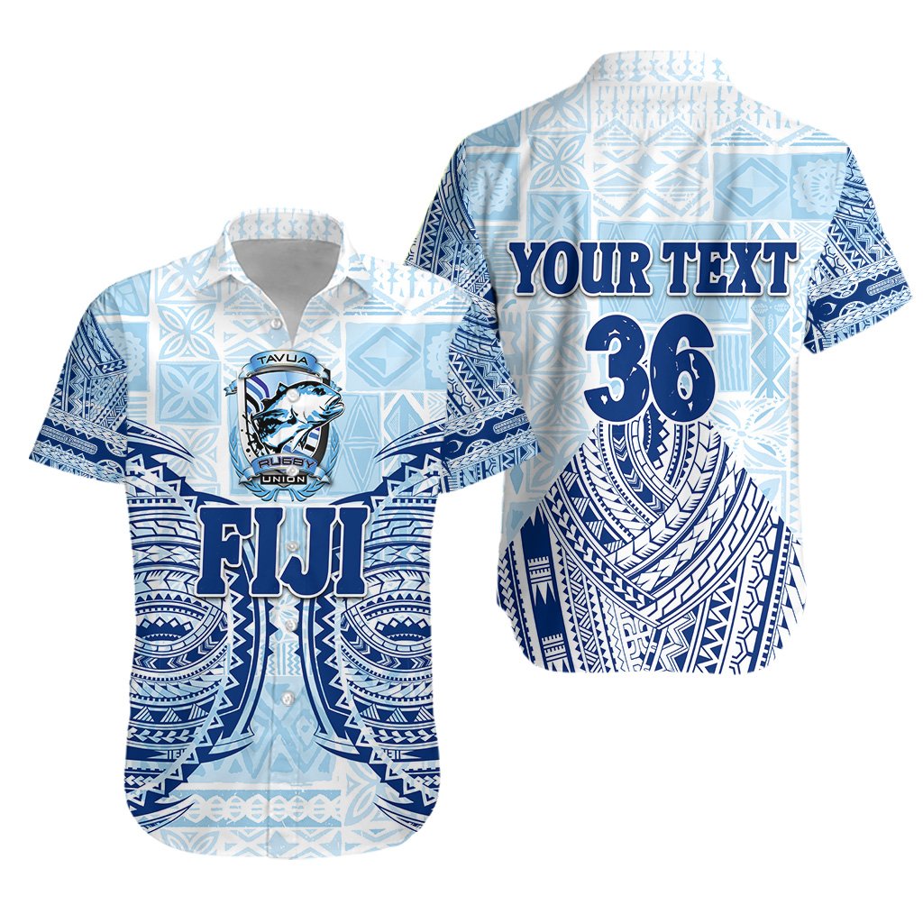 (Custom Personalised) Fiji Tavua Rugby Tapa Hawaiian Shirt Polynesian - Blue, Custom Text and Number - Vibe Hoodie Shop