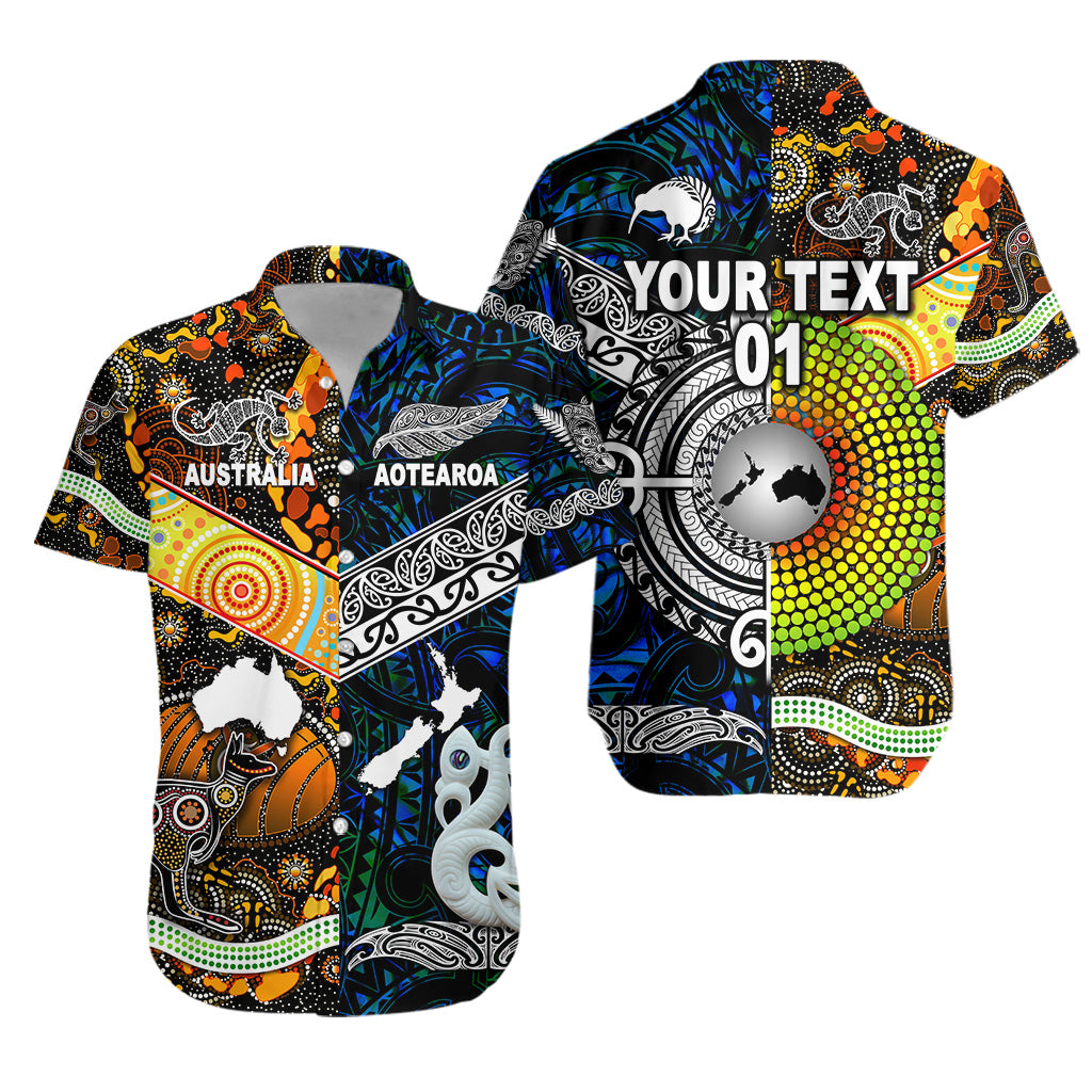 (Custom Personalised) New Zealand Maori Aotearoa And Australia Aboriginal Hawaiian Shirt Together - Blue, Custom Text And Number - Vibe Hoodie Shop