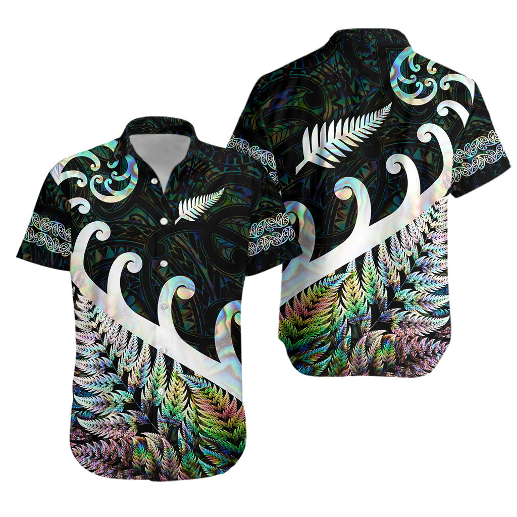 New Zealand Rugby Maori Hawaiian Shirt Silver Fern Koru Vibes - Paua Shell - Vibe Hoodie Shop