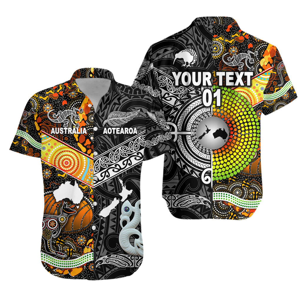 (Custom Personalised) New Zealand Maori Aotearoa And Australia Aboriginal Hawaiian Shirt Together - Black, Custom Text And Number - Vibe Hoodie Shop