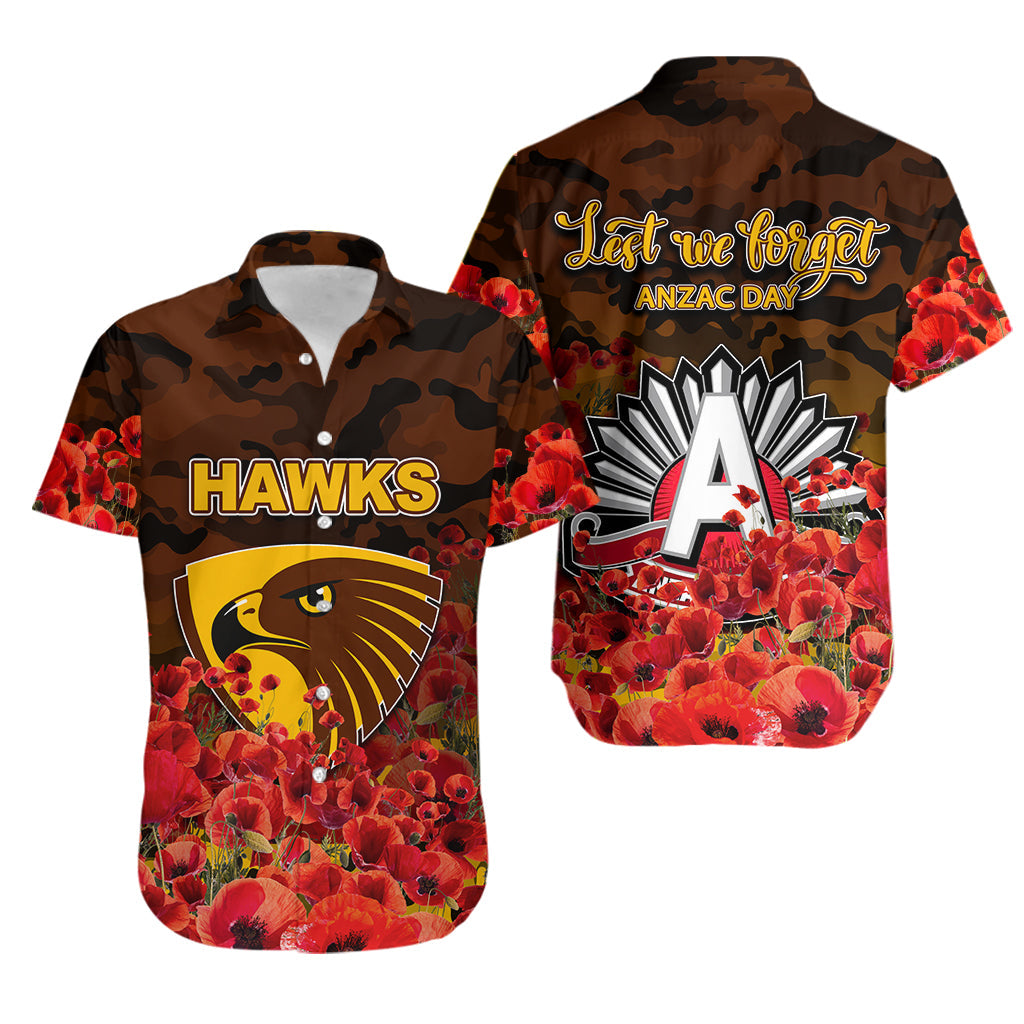 ANZAC Day Hawks Hawaiian Shirt Poppy Flowers With Army Patterns - Vibe Hoodie Shop