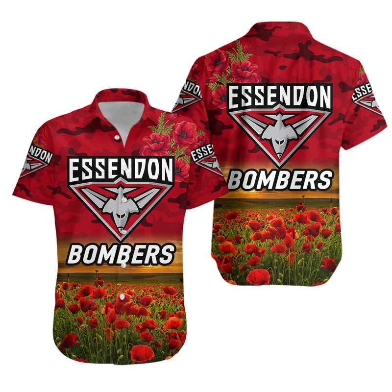Essendon Bombers ANZAC Hawaiian Shirt Poppy Vibes - Red - Vibe Hoodie Shop