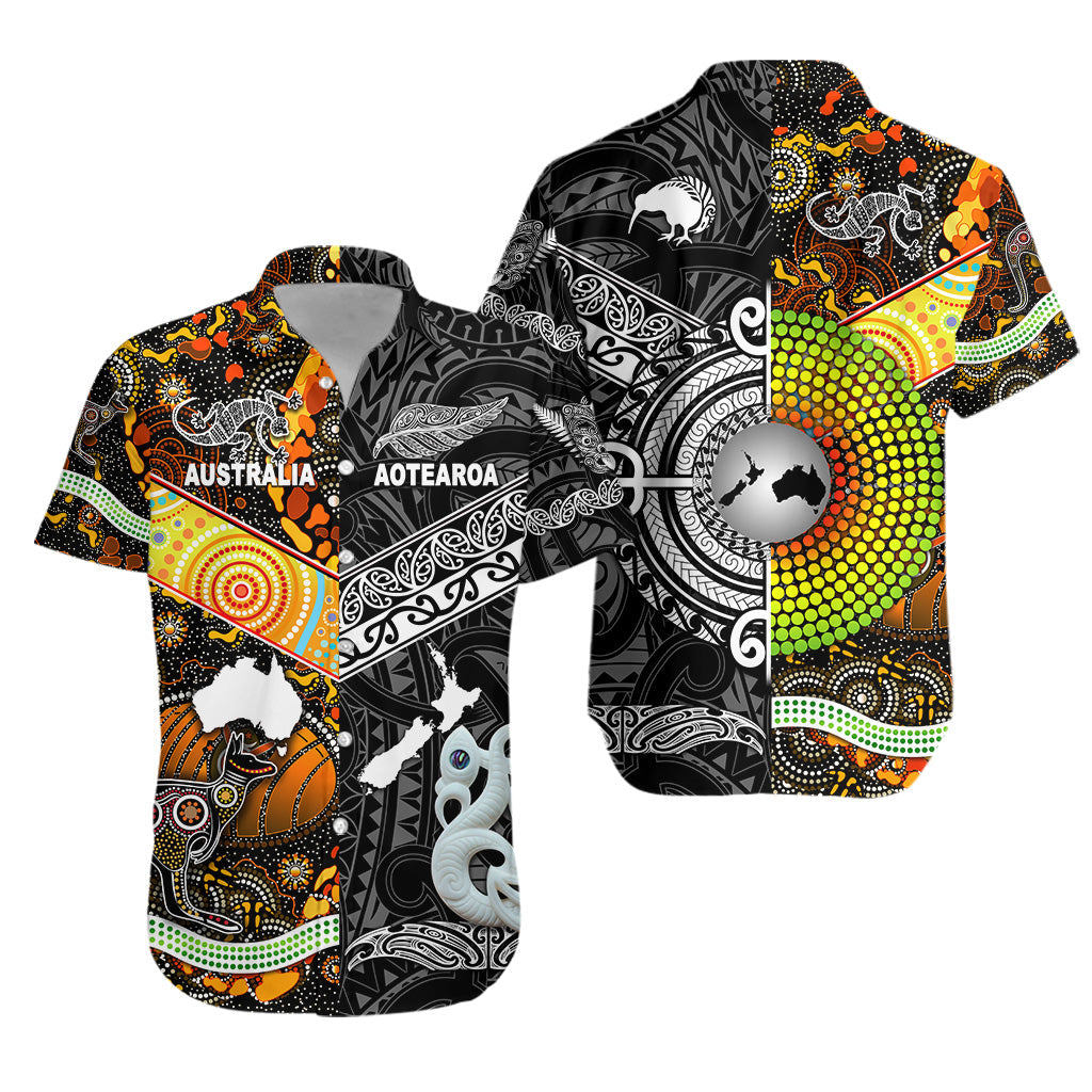 New Zealand Maori Aotearoa And Australia Aboriginal Hawaiian Shirt Together - Black - Vibe Hoodie Shop