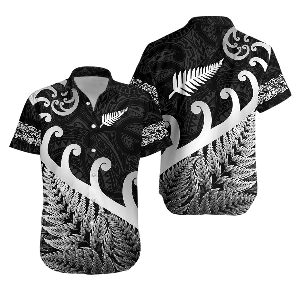 New Zealand Rugby Maori Hawaiian Shirt Silver Fern Koru Vibes - Black - Vibe Hoodie Shop