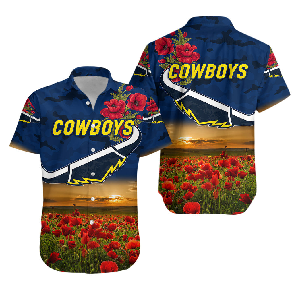 North Queensland Cowboys ANZAC 2022 Hawaiian Shirt Poppy Flowers Vibes - Blue - Vibe Hoodie Shop