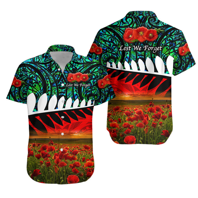 New Zealand Maori ANZAC Hawaiian Shirt Poppy Vibes - Turquoise - Vibe Hoodie Shop