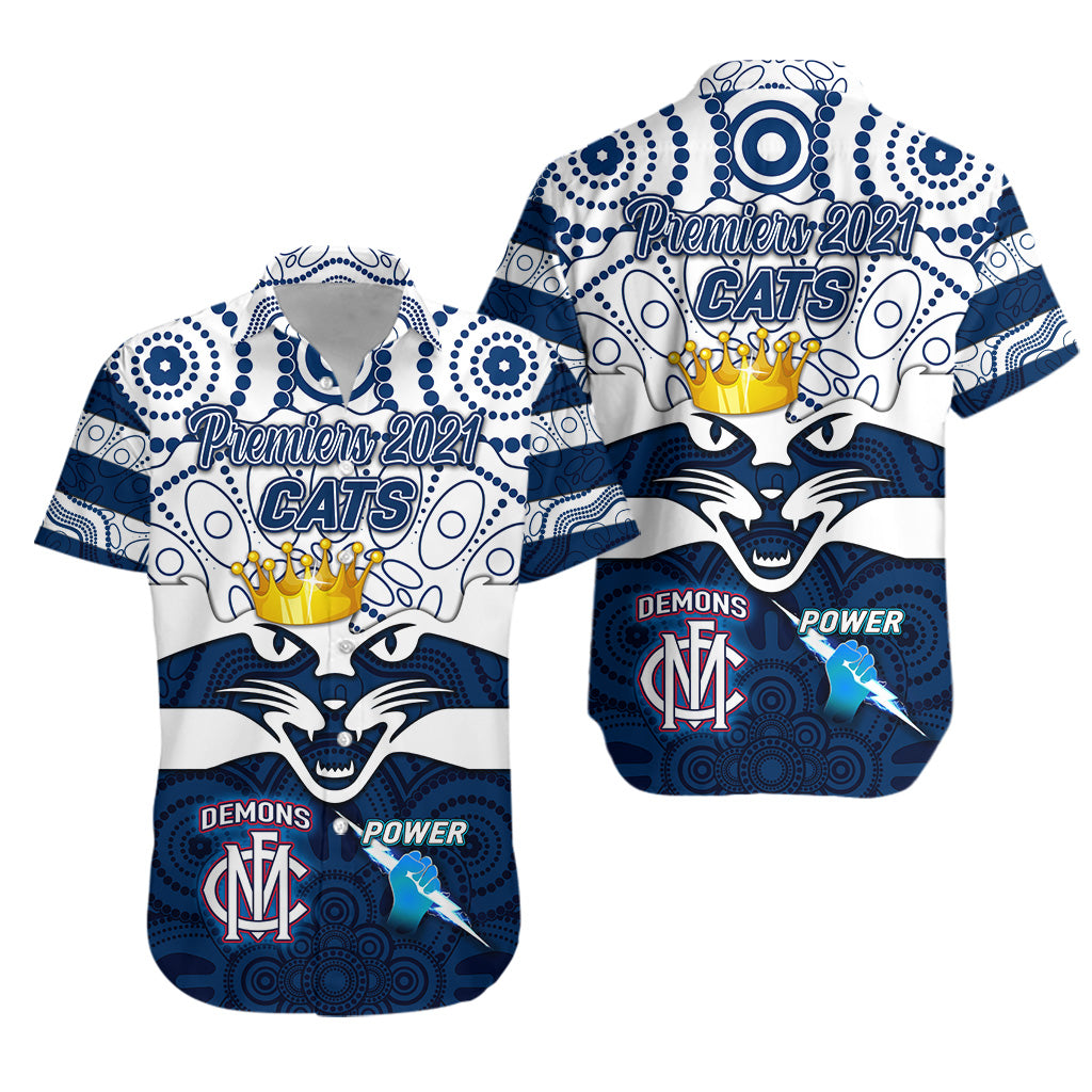 Geelong Cats Indigenous Hawaiian Shirt Football 2021 Premiers - The King - Vibe Hoodie Shop