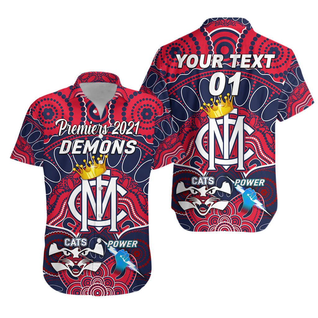 (Custom Personalised) Melbourne Demons Indigenous Hawaiian Shirt Football 2021 Premiers - The King, Custom Text And Number - Vibe Hoodie Shop