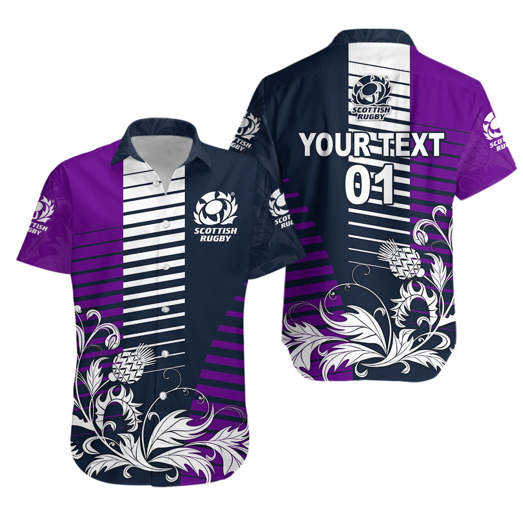 (Custom Personalised) Scotland Rugby Hawaiian Shirt Scottish Thistle Style - Navy Purple - Vibe Hoodie Shop