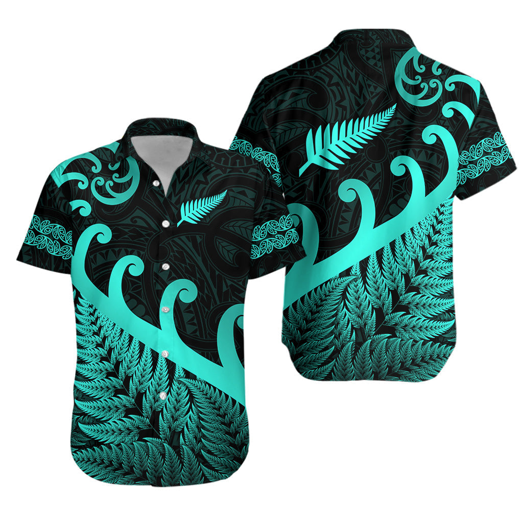 New Zealand Rugby Maori Hawaiian Shirt Silver Fern Koru Vibes - Turquoise - Vibe Hoodie Shop