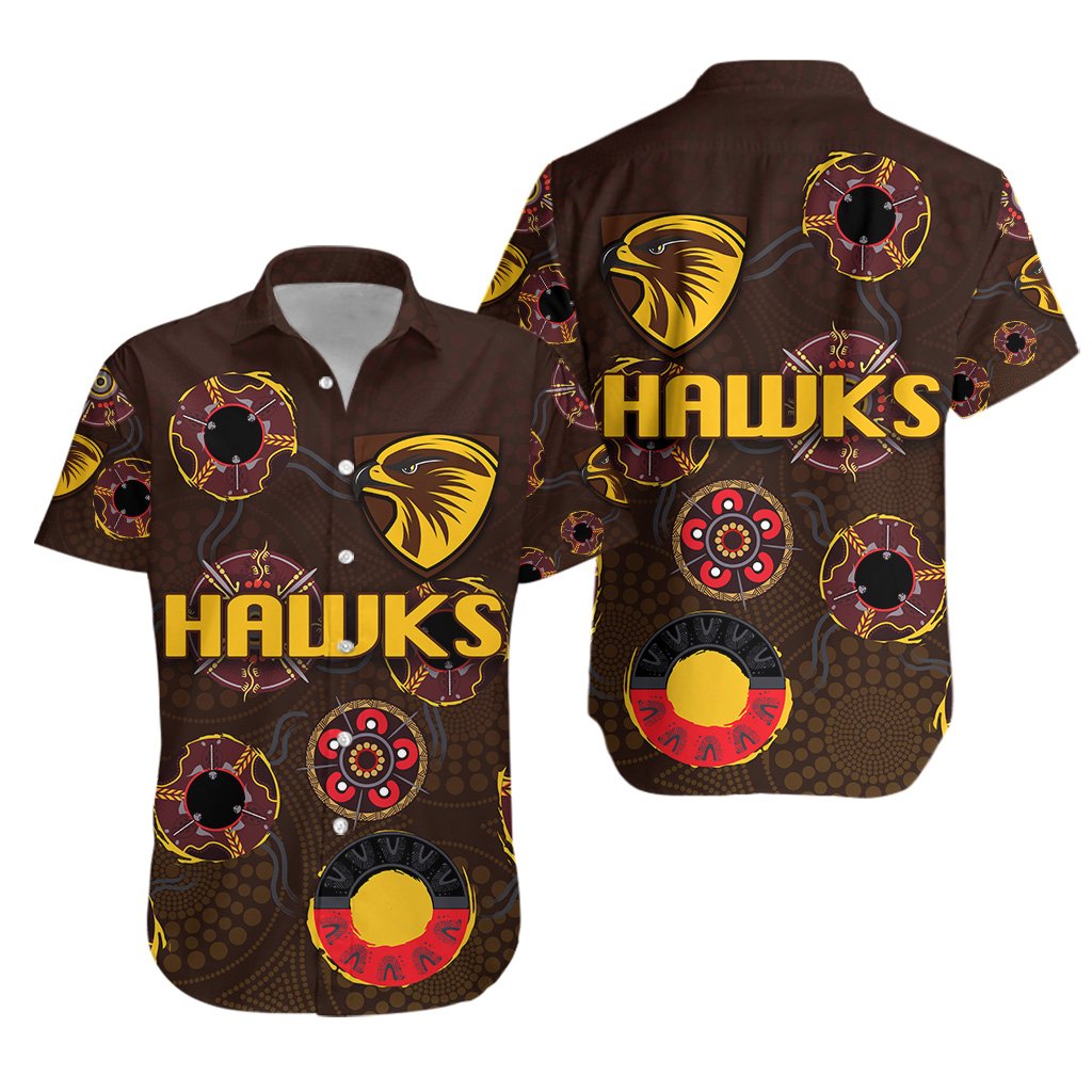 Hawthorn Hawaiian Shirt Hawks Indigenous - Brown - Vibe Hoodie Shop