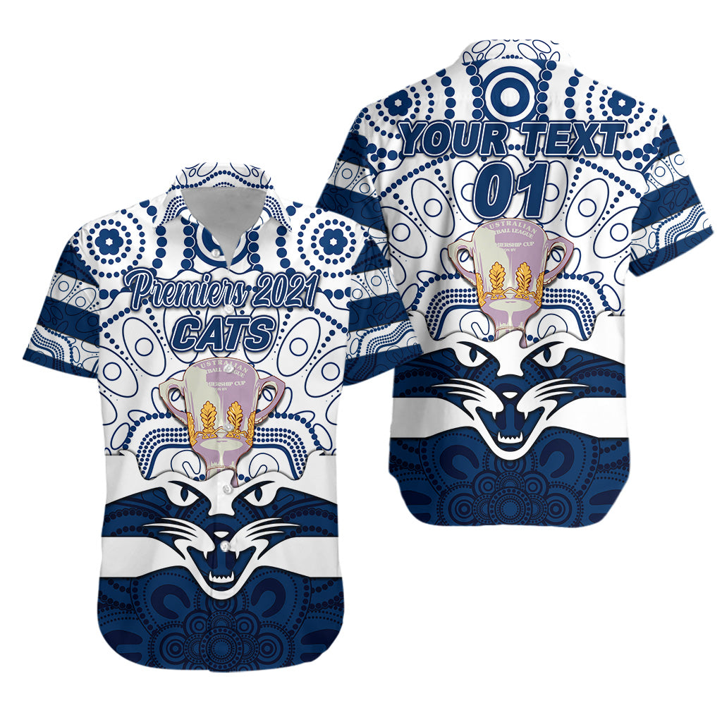 (Custom Personalised) Geelong Cats Indigenous Hawaiian Shirt Football 2021 Premiers - Trophy, Custom Text And Number - Vibe Hoodie Shop