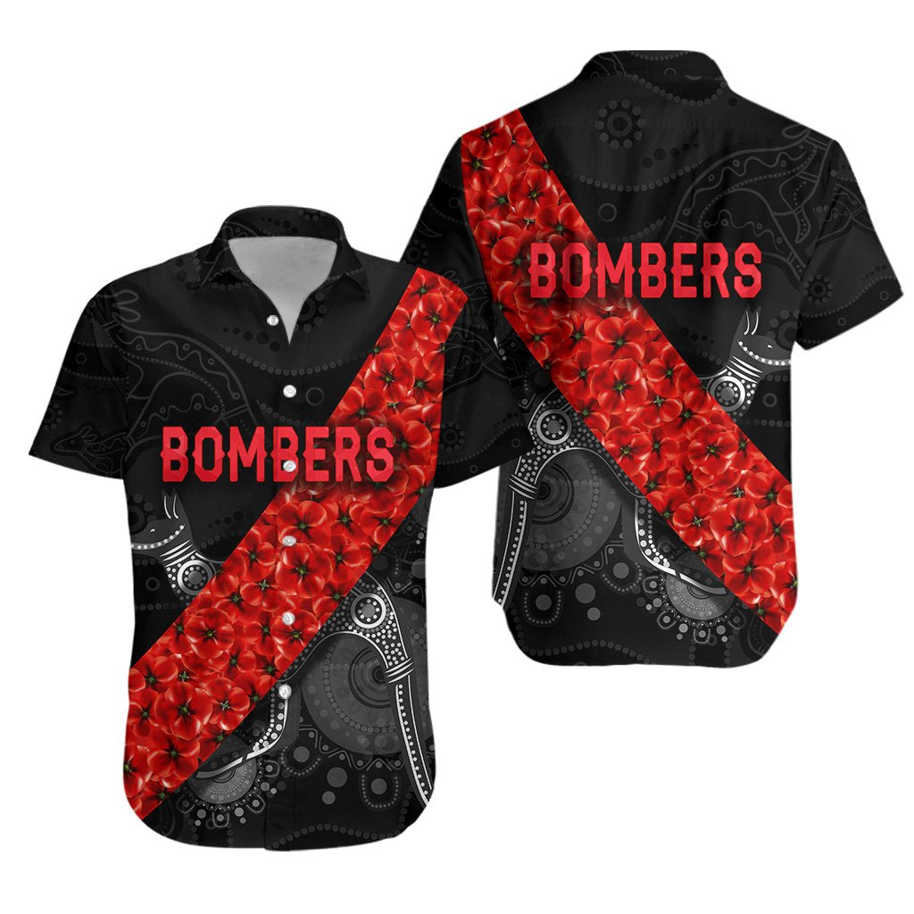 Essendon Bombers Hawaiian Shirt ANZAC Day Indigenous - Black - Vibe Hoodie Shop