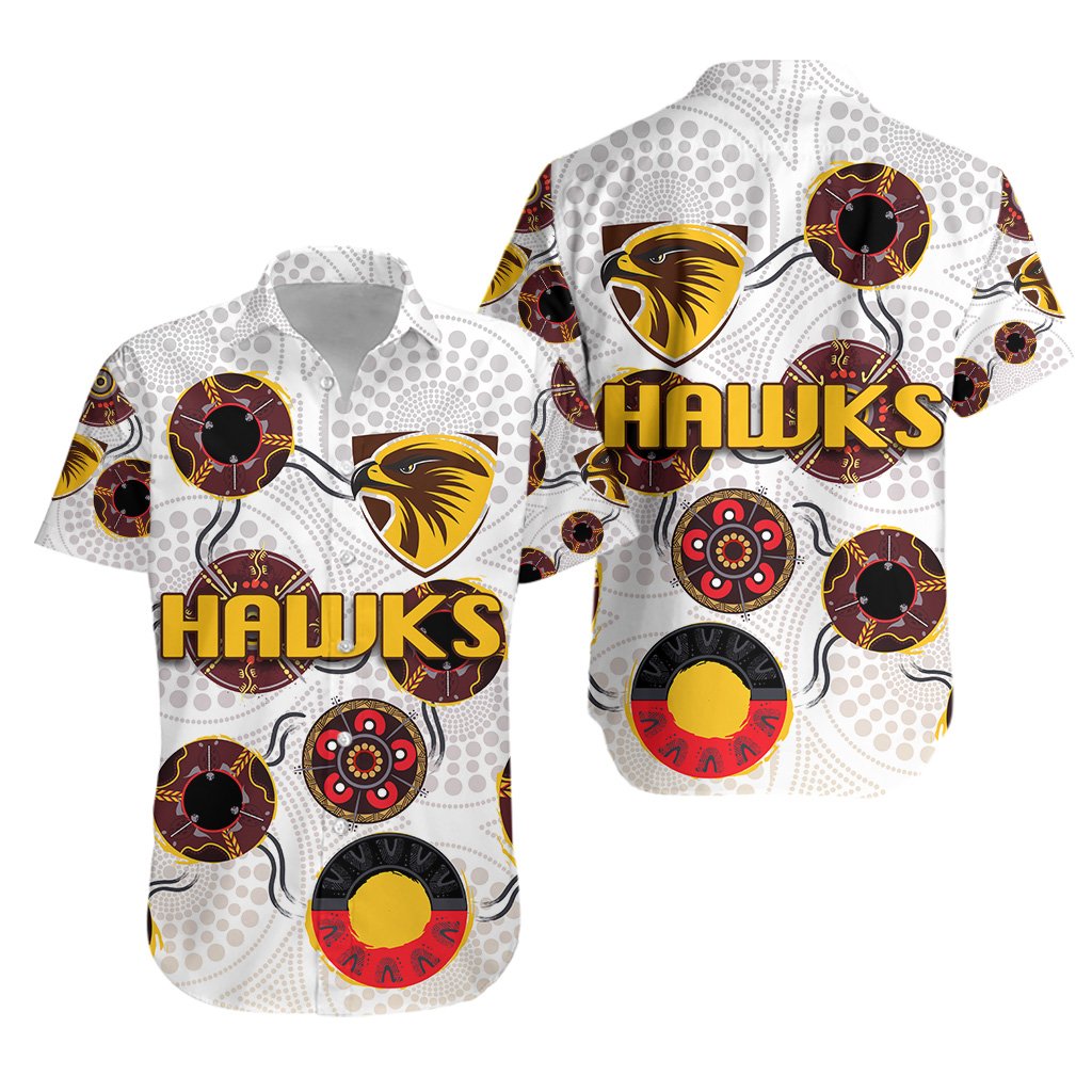 Hawthorn Hawaiian Shirt Hawks Indigenous - White - Vibe Hoodie Shop