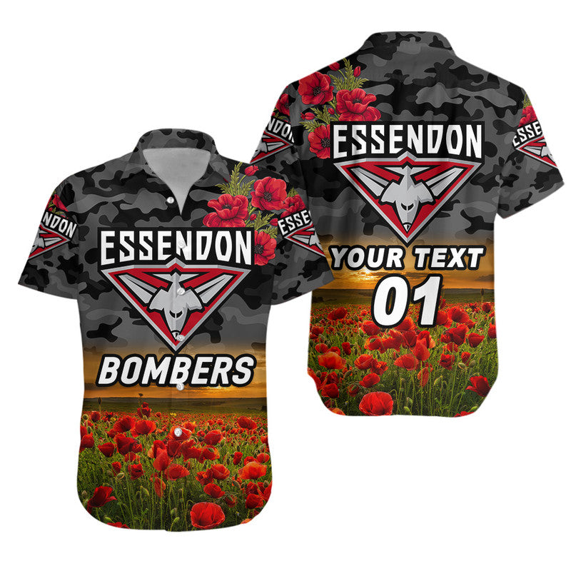 (Custom Personalised) Essendon Bombers ANZAC Hawaiian Shirt Poppy Vibes - Black - Vibe Hoodie Shop