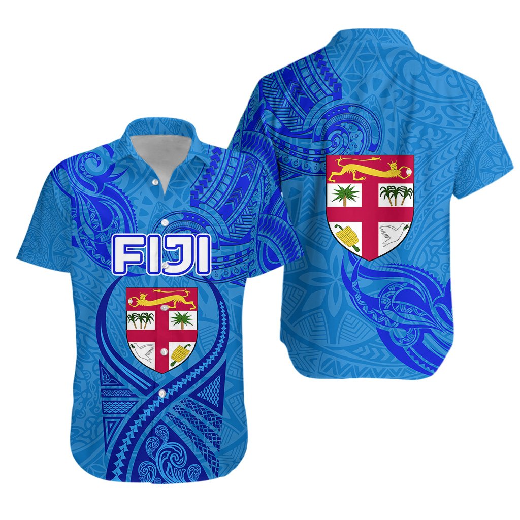 Blue Hawaiian Shirt Fiji Rugby Polynesian Waves Style - Vibe Hoodie Shop