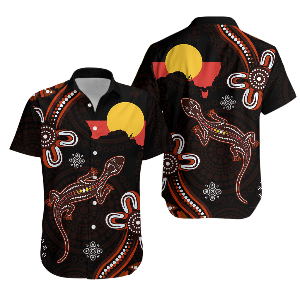 Aboriginal Dot Hawaiian Shirt Lizard and Aboriginal Flag - Vibe Hoodie Shop