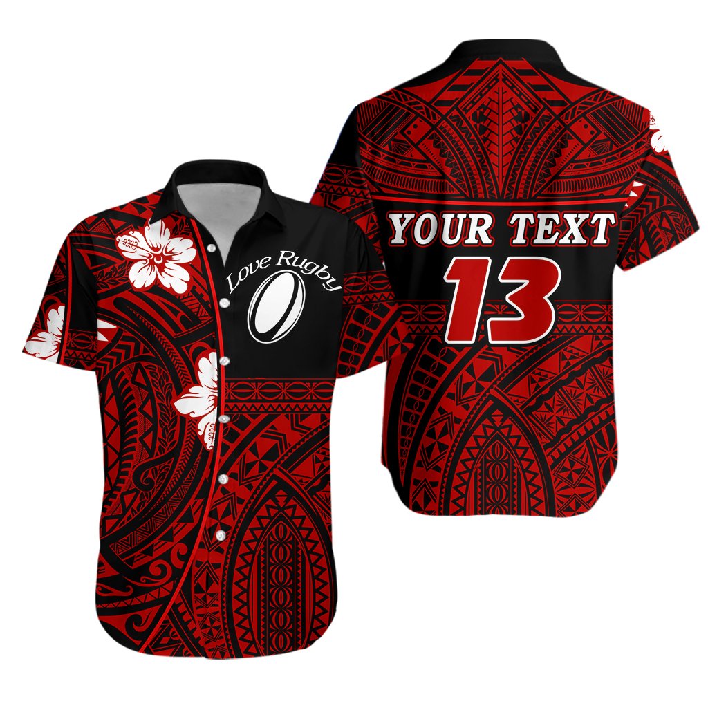 (Custom Personalised) Polynesian Rugby Hawaiian Shirt Love Red - Custom Text and Number - Vibe Hoodie Shop