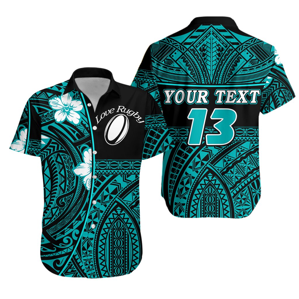 (Custom Personalised) Polynesian Rugby Hawaiian Shirt Love Turquoise - Custom Text and Number - Vibe Hoodie Shop