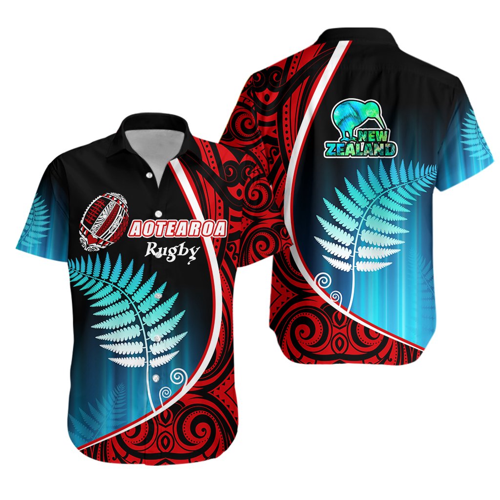 Aotearoa Rugby Black Maori Hawaiian Shirt Kiwi and Silver Fern New Zealand - Vibe Hoodie Shop