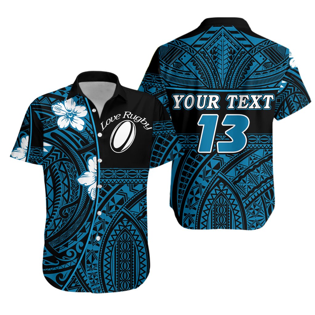 (Custom Personalised) Polynesian Rugby Hawaiian Shirt Love Blue - Custom Text and Number - Vibe Hoodie Shop