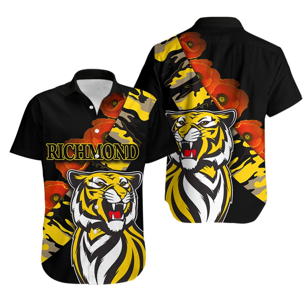 Richmond Tigers Hawaiian Shirt ANZAC Day Poppy Flowers - Vibe Hoodie Shop