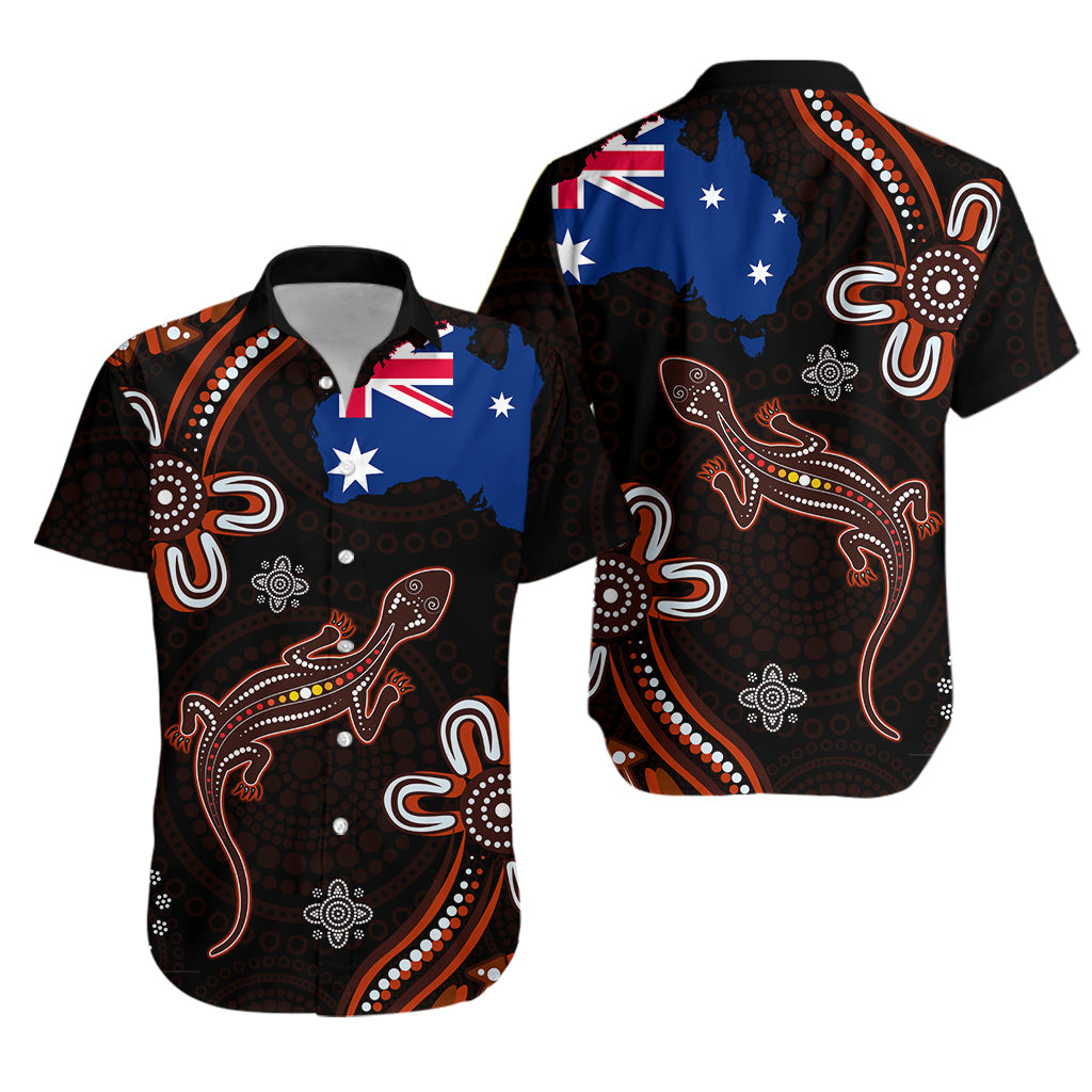 Aboriginal Dot Hawaiian Shirt Lizard and Flag - Vibe Hoodie Shop