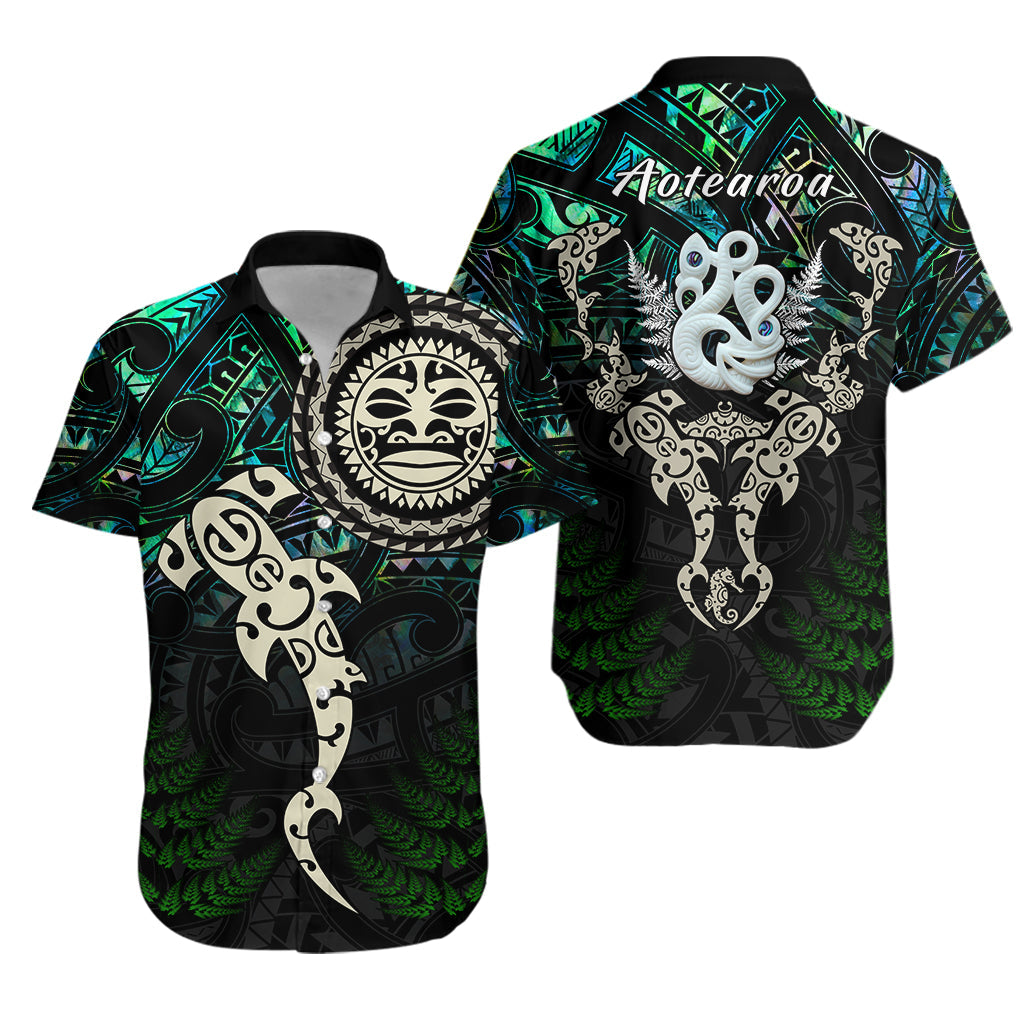 Aotearoa Paua Shell Hawaiian Shirt Maori Manaia and Fish - Vibe Hoodie Shop