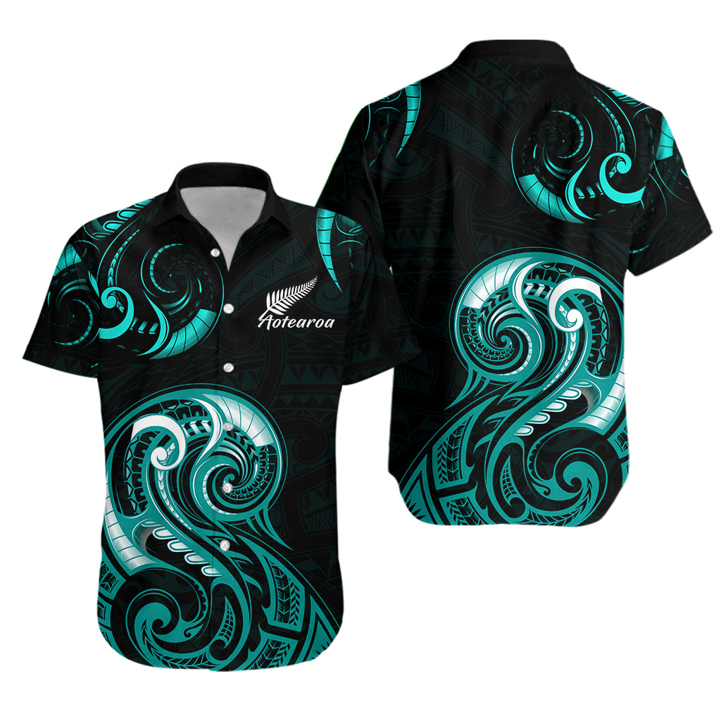 Aotearoa Fern Hawaiian Shirt Maori Pattern Version Turquoise - Vibe Hoodie Shop