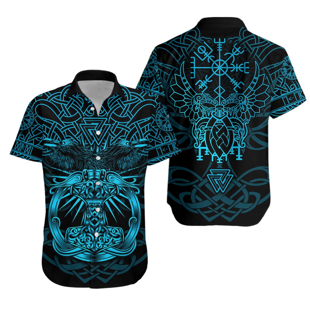 Nordic Warrior Viking Mjolnir Hawaiian Shirt Celtic Raven Version Blue - Vibe Hoodie Shop