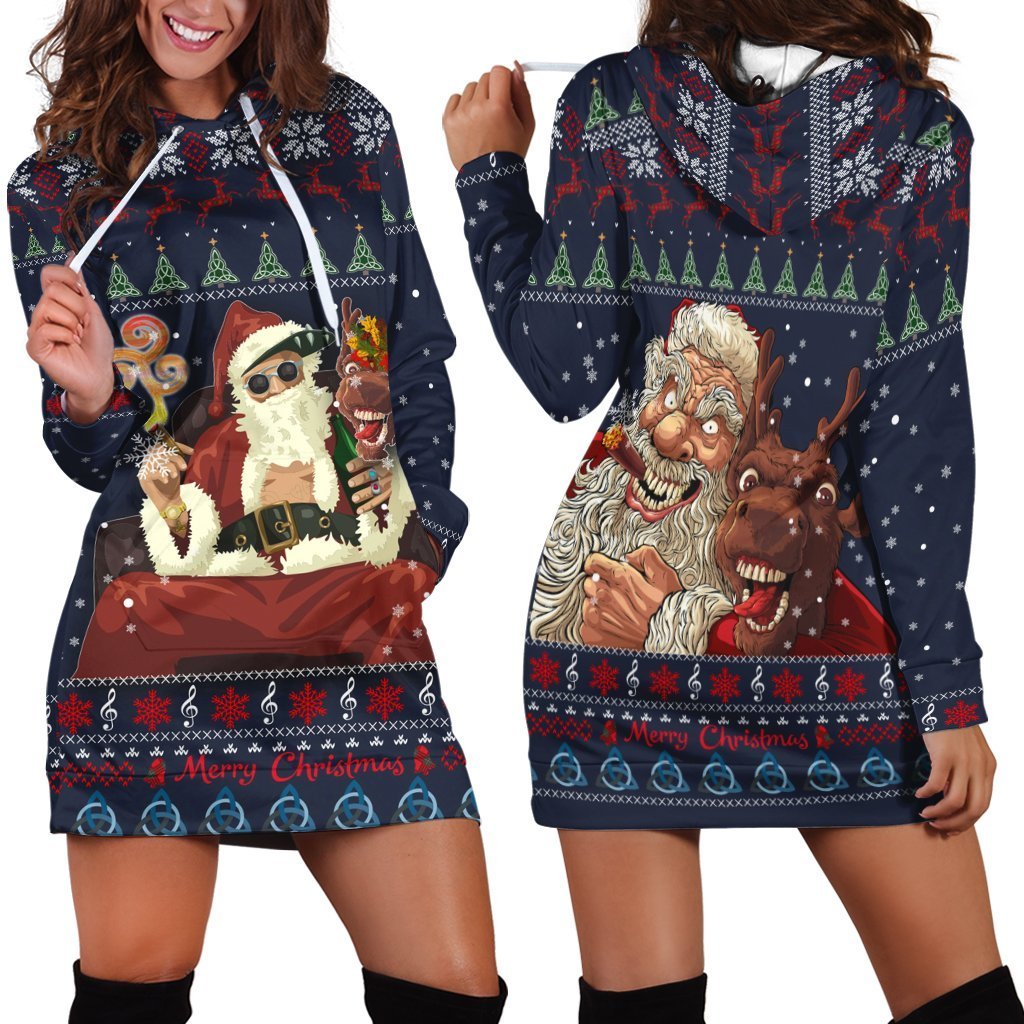 Celtic Ugly Christmas Women's Hoodie Dress - Gangster Santa with Reindeer - - Vibe Hoodie Shop