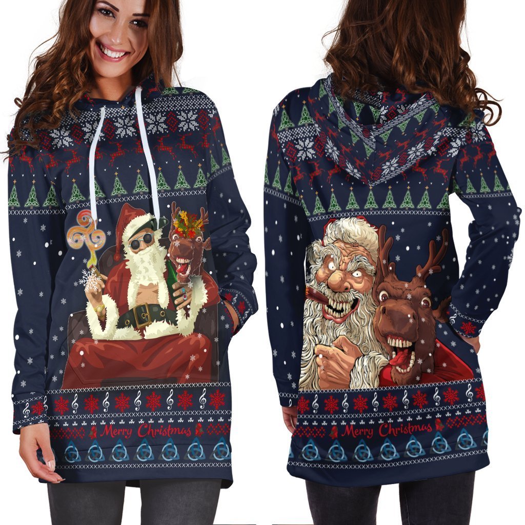 Celtic Ugly Christmas Women's Hoodie Dress - Gangster Santa with Reindeer - - Vibe Hoodie Shop