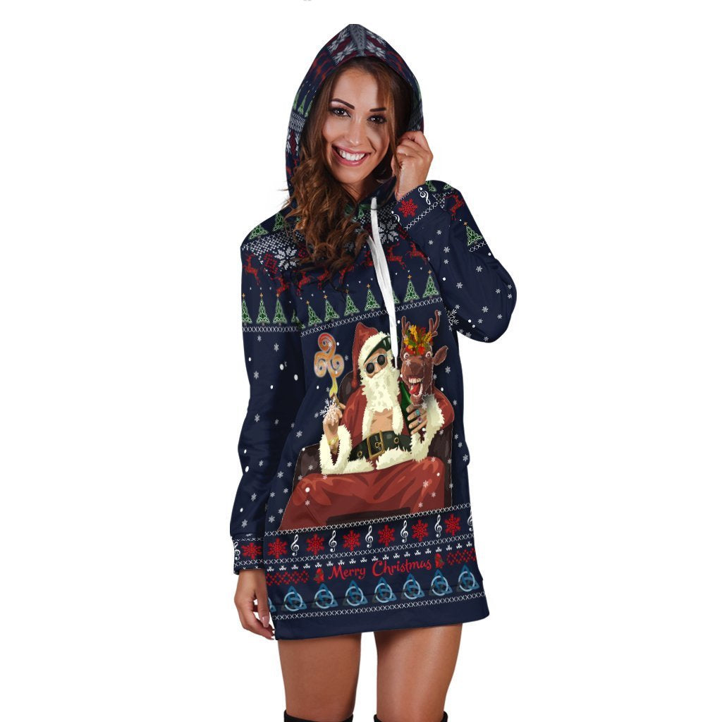 Celtic Ugly Christmas Women's Hoodie Dress - Gangster Santa with Reindeer - - Vibe Hoodie Shop