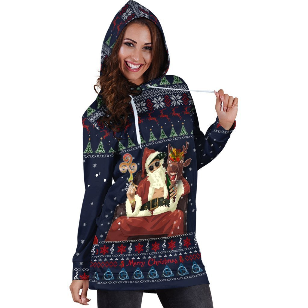 Celtic Ugly Christmas Women's Hoodie Dress - Gangster Santa with Reindeer - - Vibe Hoodie Shop