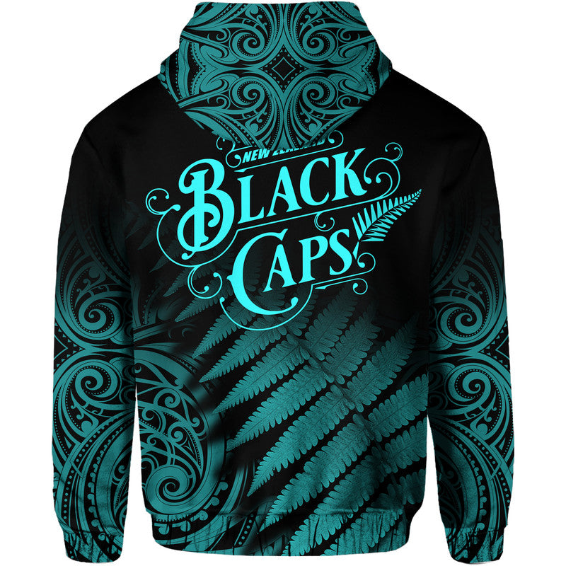 New Zealand Kiwis Cricket Team Zip Up And Pullover Hoodie Black Caps Silver Fern Mixed Maori Pattern Version Turquoise LT9 - Vibe Hoodie Shop