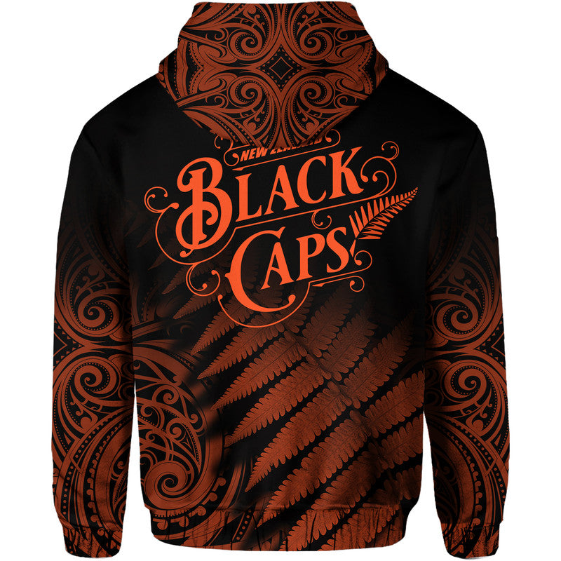 New Zealand Kiwis Cricket Team Zip Up And Pullover Hoodie Black Caps Silver Fern Mixed Maori Pattern Version Orange LT9 - Vibe Hoodie Shop