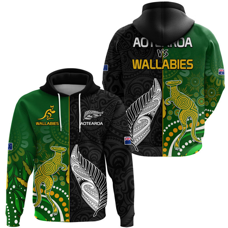 Aotearoa Rugby All Black Combine Australia Wallabies Zip Up And Pullover Hoodie Aboriginal Kangaroo And Maori Fern LT9 - Vibe Hoodie Shop