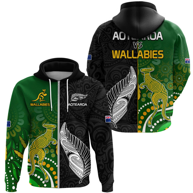 Aotearoa Rugby All Black Combine Australia Wallabies Zip Up And Pullover Hoodie Aboriginal Kangaroo And Maori Fern LT9 - Vibe Hoodie Shop