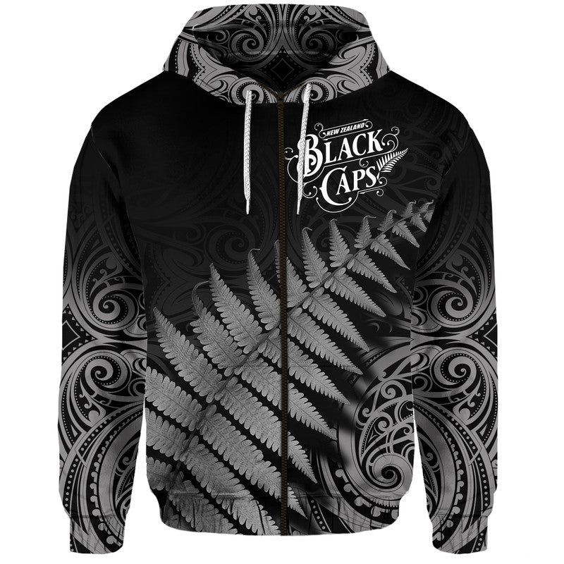 (Custom Personalised) New Zealand Kiwis Cricket Team Zip Up And Pullover Hoodie Black Caps Silver Fern Mixed Maori Pattern Version Black LT9 - Vibe Hoodie Shop