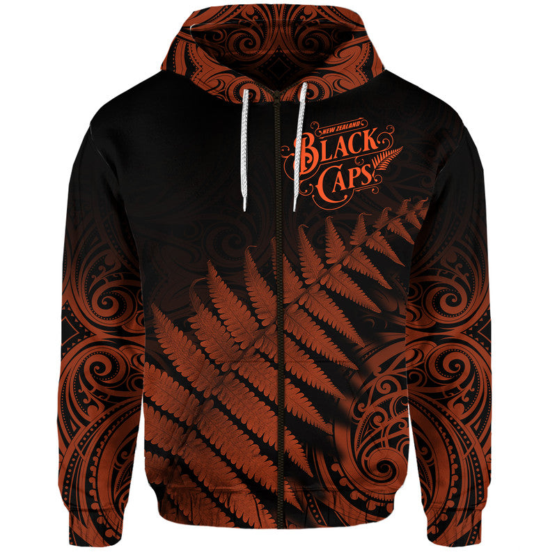 New Zealand Kiwis Cricket Team Zip Up And Pullover Hoodie Black Caps Silver Fern Mixed Maori Pattern Version Orange LT9 - Vibe Hoodie Shop