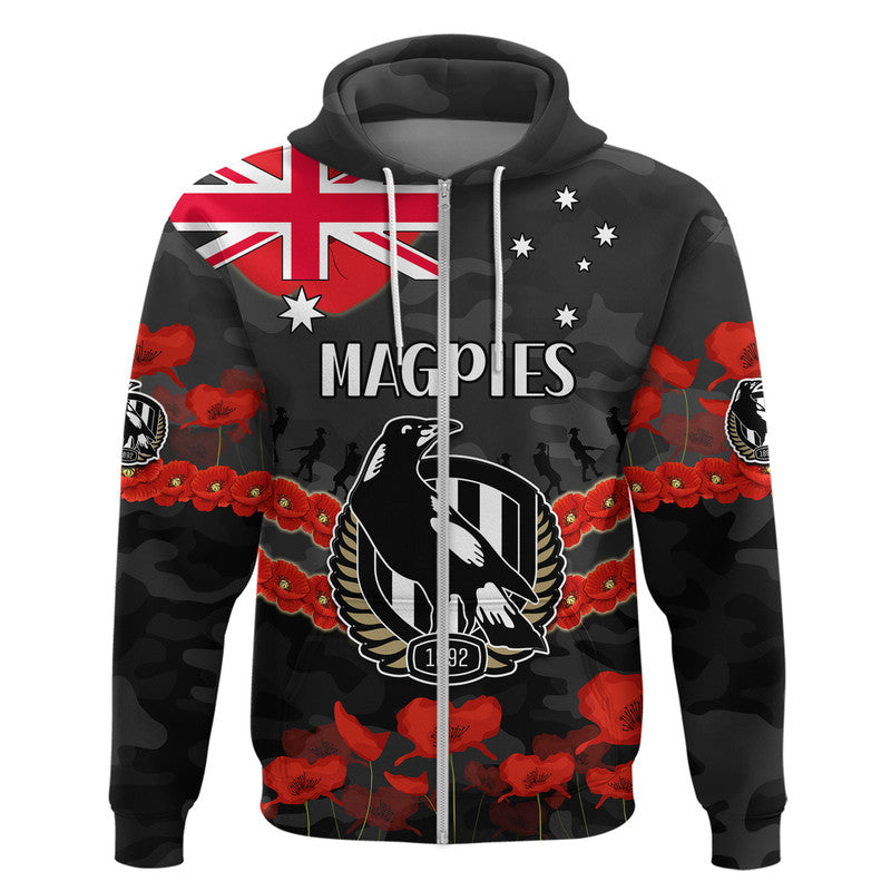Magpies Football ANZAC Zip Up And Pullover Hoodie Lest We Forget LT9 - Vibe Hoodie Shop
