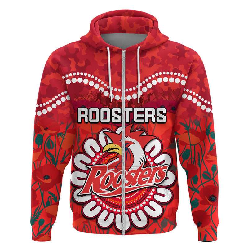 (Custom Personalised) Roosters Rugby ANZAC Zip Up And Pullover Hoodie Camouflage Poppy LT9 - Vibe Hoodie Shop