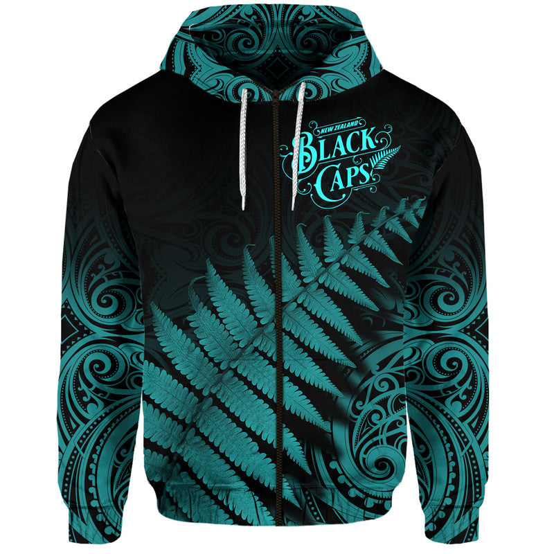 New Zealand Kiwis Cricket Team Zip Up And Pullover Hoodie Black Caps Silver Fern Mixed Maori Pattern Version Turquoise LT9 - Vibe Hoodie Shop