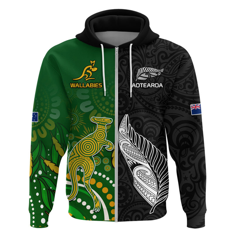 Aotearoa Rugby All Black Combine Australia Wallabies Zip Up And Pullover Hoodie Aboriginal Kangaroo And Maori Fern LT9 - Vibe Hoodie Shop