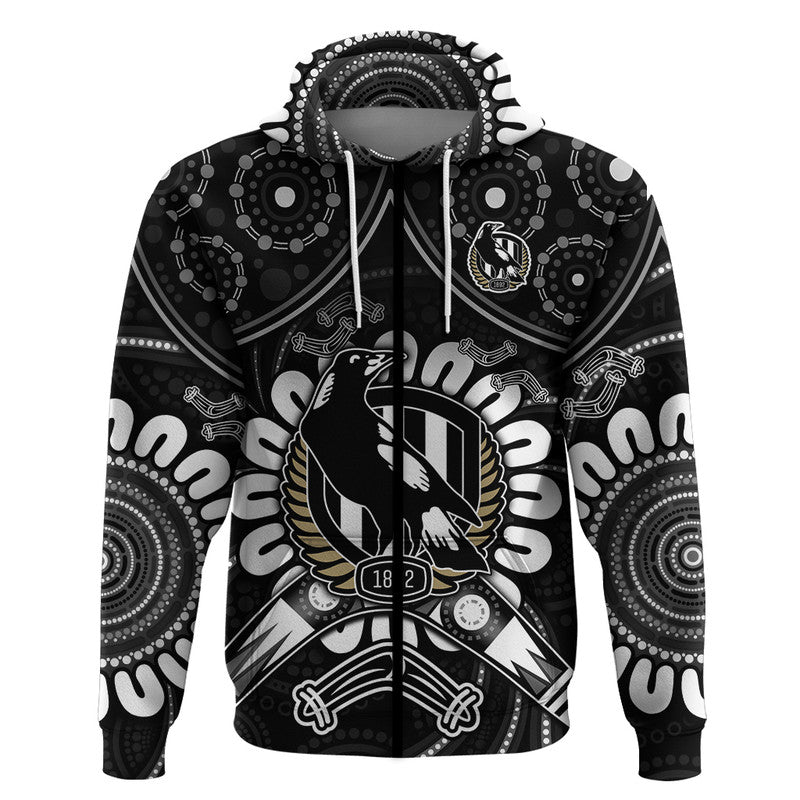 (Custom Personalised) Magpies Football Zip Up And Pullover Hoodie Boomerang Indigenous Dots LT9 - Vibe Hoodie Shop