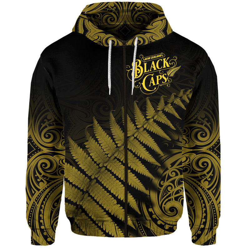 (Custom Personalised) New Zealand Kiwis Cricket Team Zip Up And Pullover Hoodie Black Caps Silver Fern Mixed Maori Pattern Version Gold LT9 - Vibe Hoodie Shop