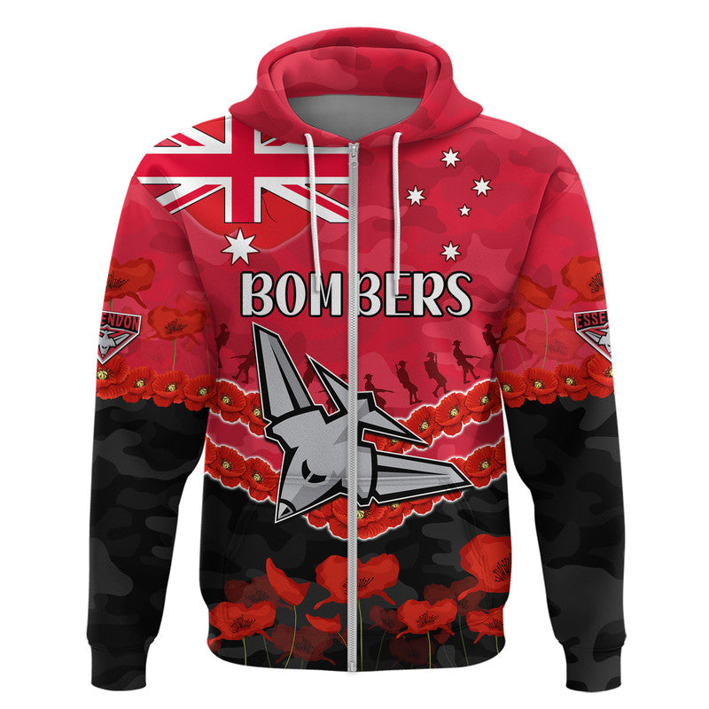 Bombers Football ANZAC Zip Up And Pullover Hoodie Lest We Forget LT9 - Vibe Hoodie Shop